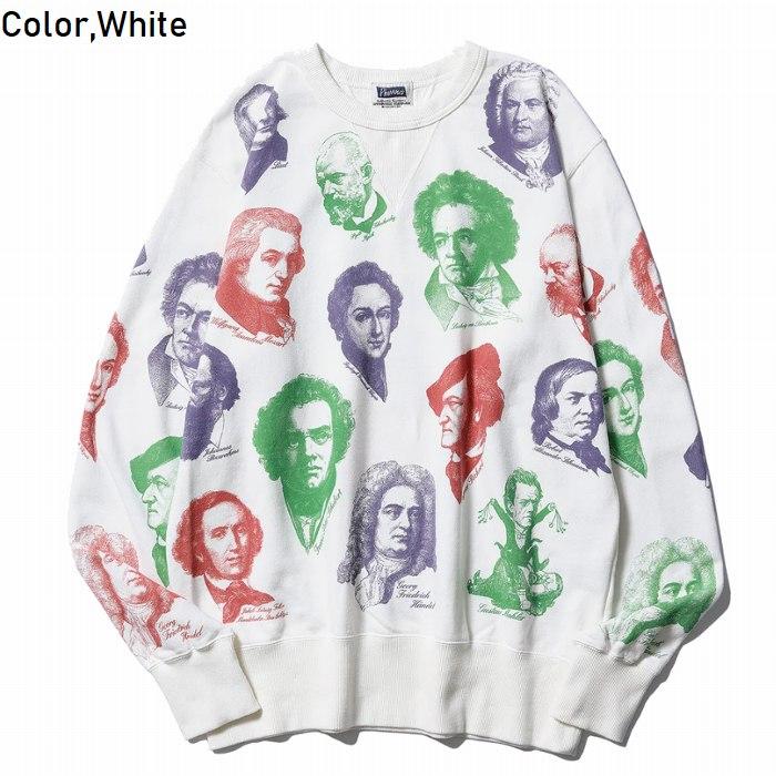 Pherrow's（フェローズ） トレーナー 肖像 総柄プリント 丸首 クルー