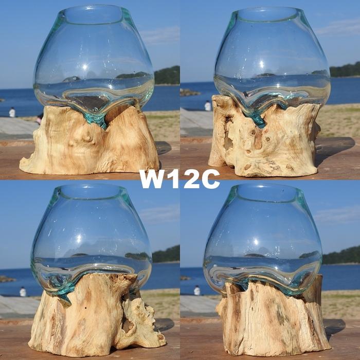 吹きガラスと天然木のオブジェ W12 金魚鉢 メダカ水槽 花瓶 流木ガラス