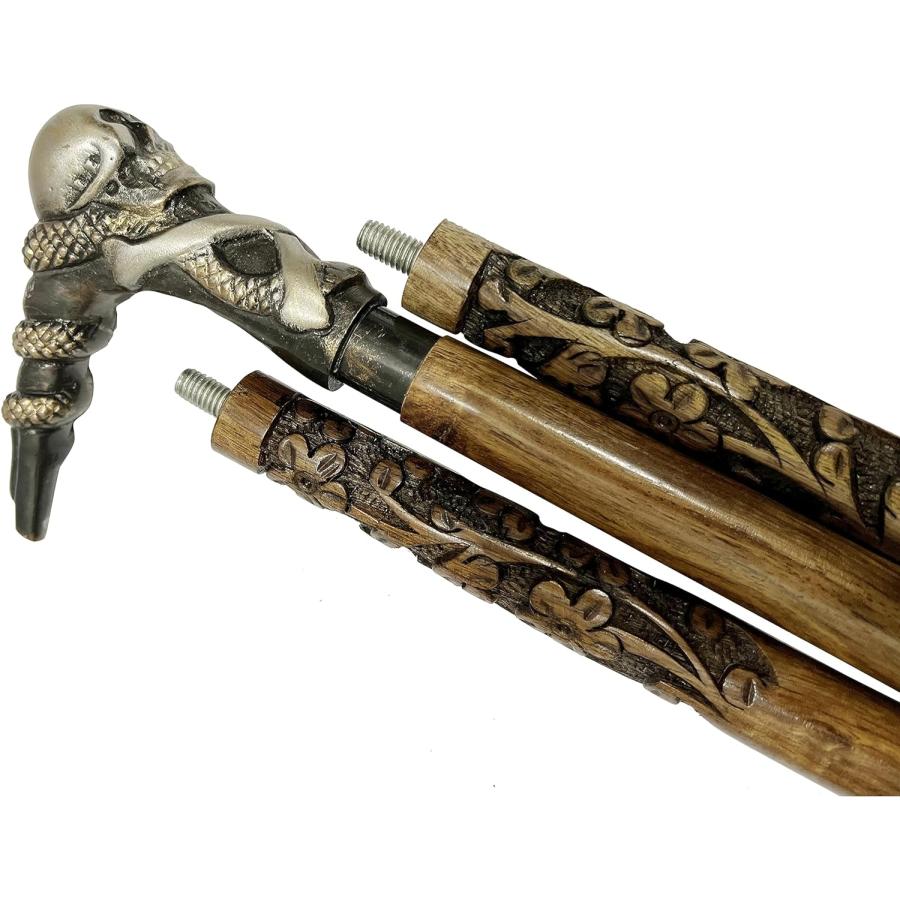 アンティーク タコ蛸＆スカルハンドル レッド天然木高級ウォーキング
