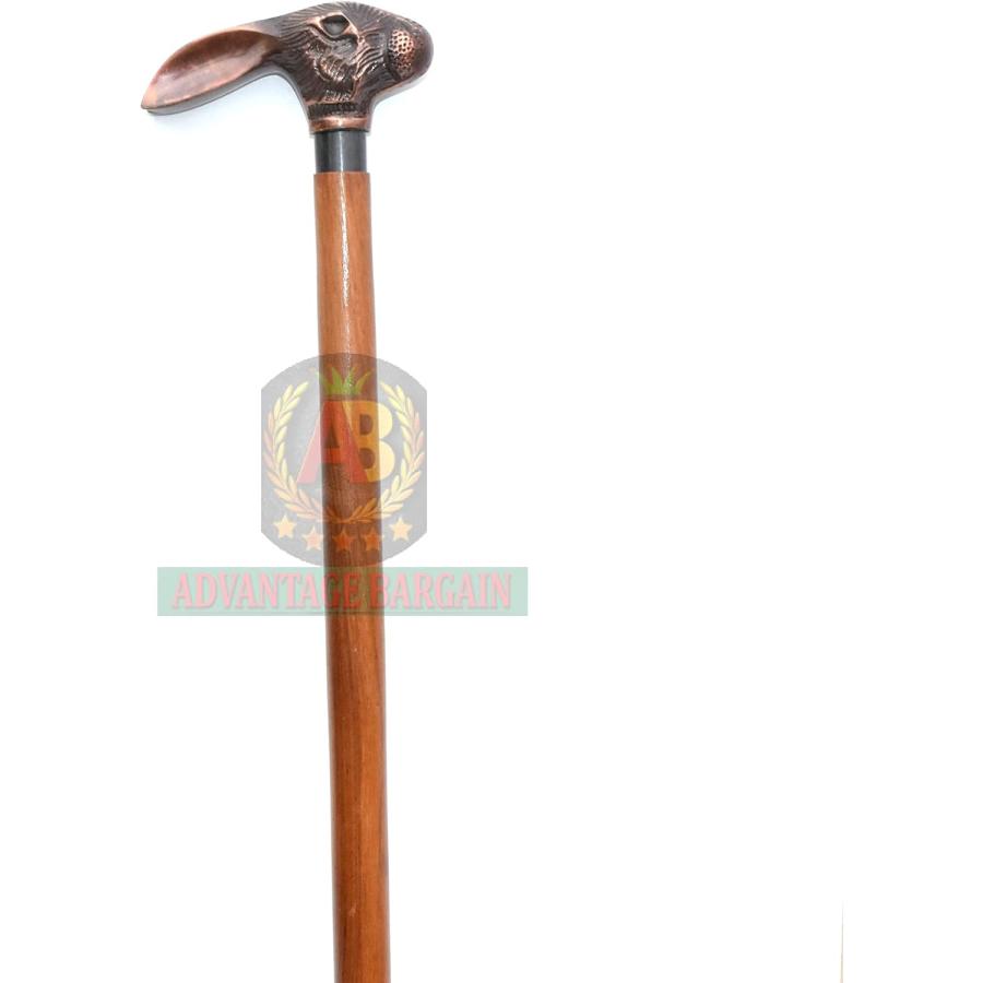 アンティークラビットウサギハンドル レッド天然木ステッキユニ