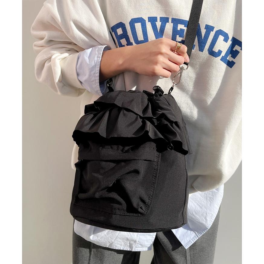 えり】ダブルフリル巾着ショルダーバッグ 帆布 ココア×エレガント