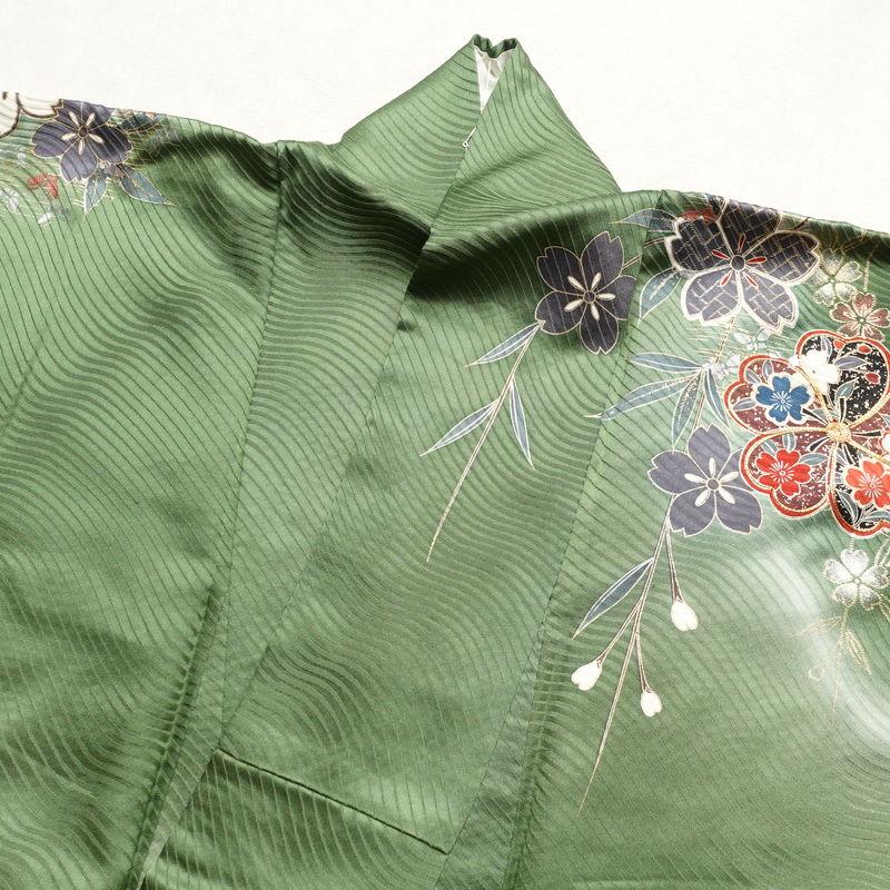 中古 振袖 綸子 正絹 古典柄 金駒刺繍 袷仕立て 身丈167cm 裄丈70cm