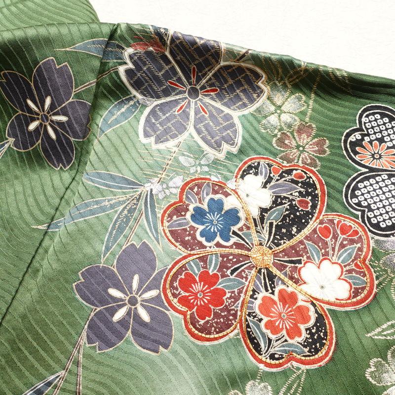 中古 振袖 綸子 正絹 古典柄 金駒刺繍 袷仕立て 身丈167cm 裄丈70cm