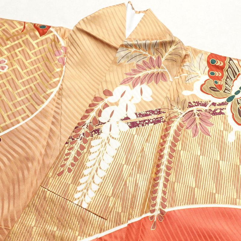 中古 振袖 正絹 蝶 古典柄 袷仕立て 身丈166cm 裄丈67cm 箔 金彩 成人
