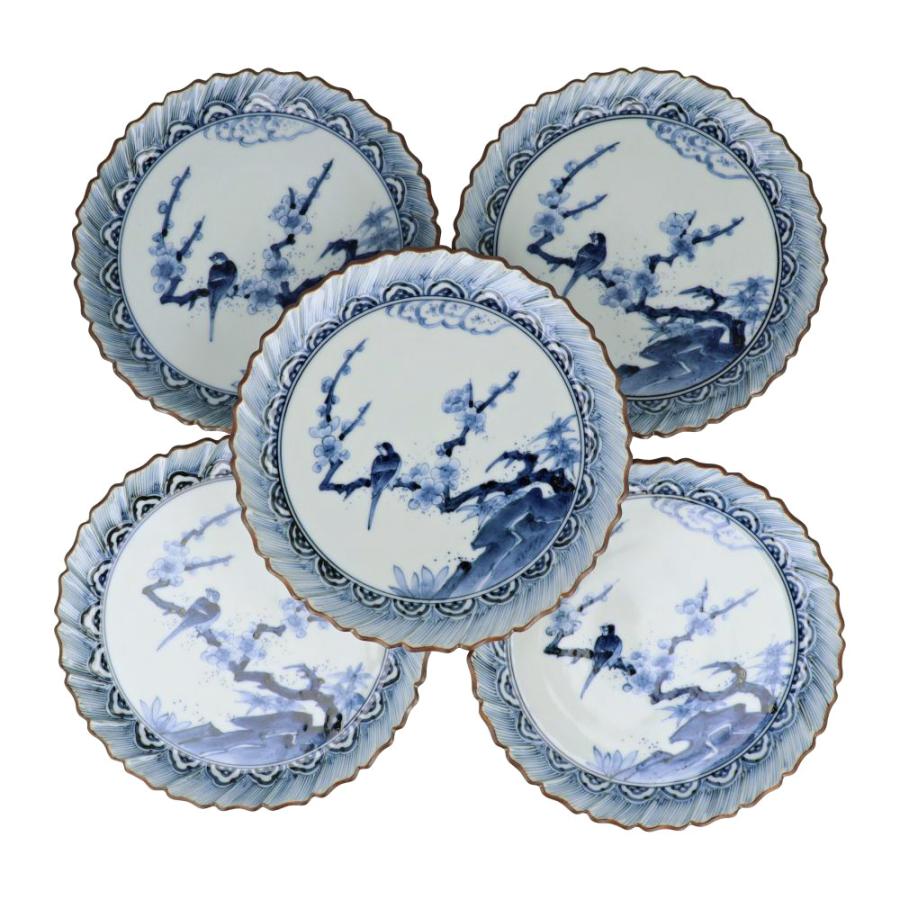 九谷焼 取皿揃 藍九谷梅鳥図 / 山本長左 ｜ 皿 中皿 17cm 5枚セット