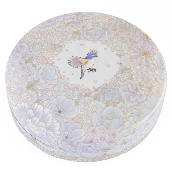九谷焼 陶筥 本金白藍花詰に小鳥 / 河田里美 ｜ 陶箱 25cm 蓋物 重箱