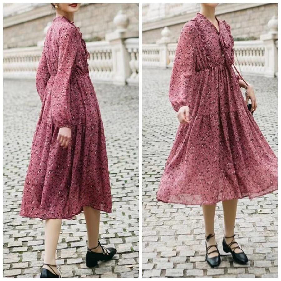 ワンピース レディース 夏 長袖 花柄 シフォン ロング 春 秋 きれいめ