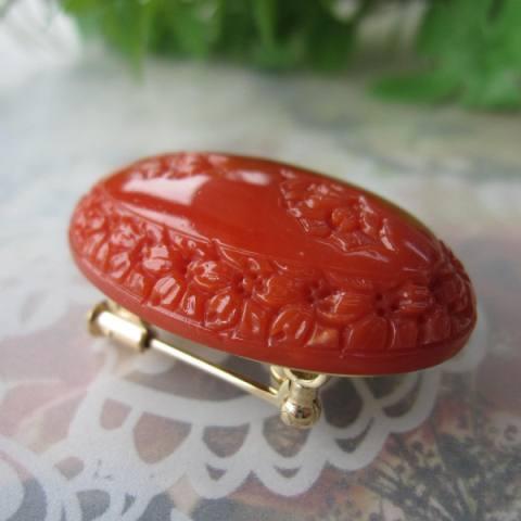 日本・高知産赤珊瑚の桜の彫り 帯留め兼ブローチ/K18 /帯/着物/和装