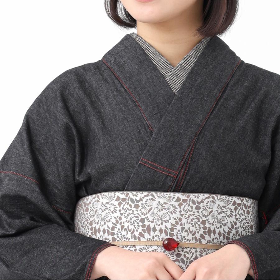 デニム着物 2点 セット レース帯 ROCCA 六花 半幅帯 着物 洗える着物