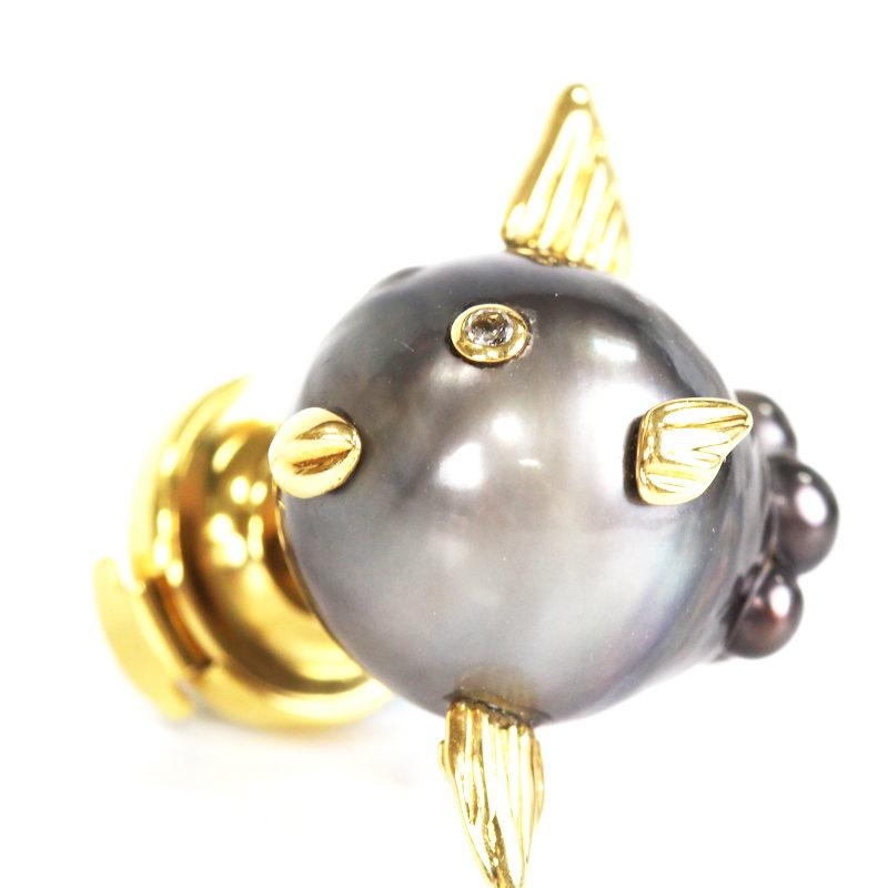 K18YG マンボウ パールブローチ 18金 イエローゴールド 真珠