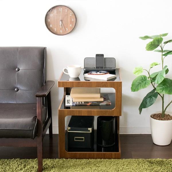 サイドテーブル ブラウン S字型 ブラックガラス天板 ミニテーブル