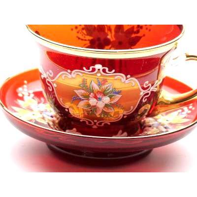 ベネチアングラス・カップ＆ソーサーペアセット(レッド) イタリア輸入