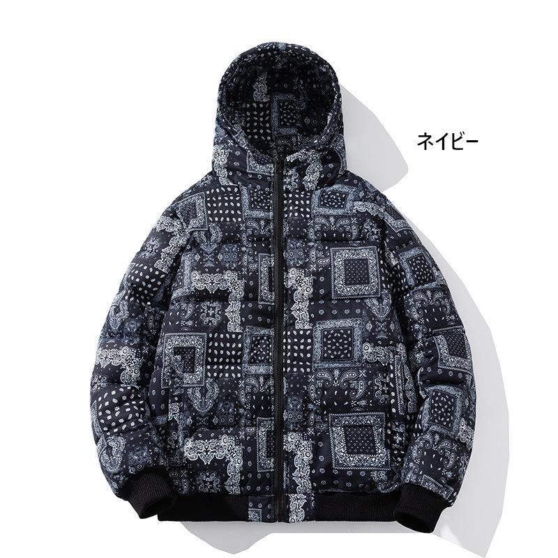 バンダナ柄 ダウン フード ジャケット ペイズリー柄 中綿ブルゾン