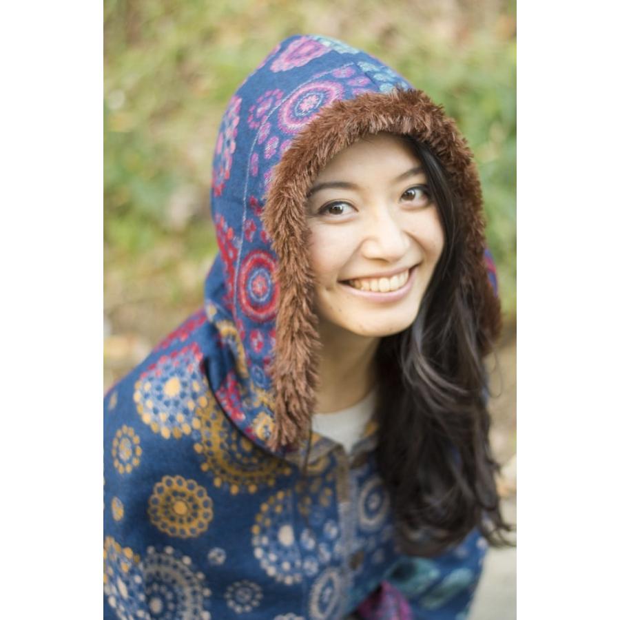 ポンチョ 花柄 起毛 ふわふわ フード付き花柄ふわふわポンチョ