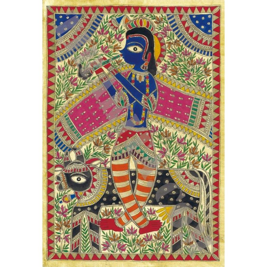 ミティラー画のポスター クリシュナと牛 インド 神様 本 印刷物