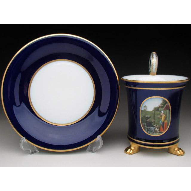 フッチェンロイター コバルト金彩人物風景絵 カップ＆ソーサー