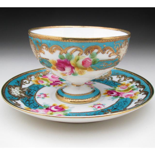 ノリタケ オールドノリタケ ブルー地金盛り薔薇絵 カップ＆ソーサー (a