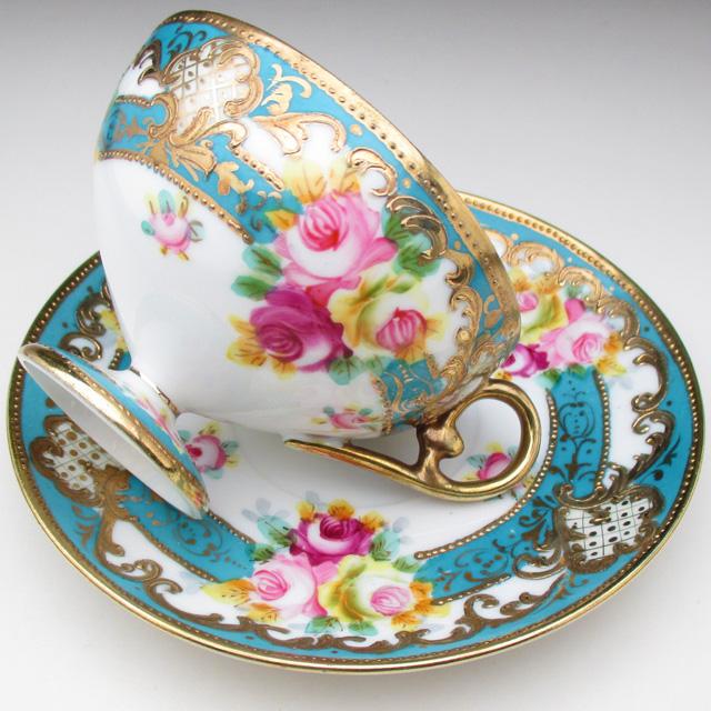 ノリタケ オールドノリタケ ブルー地金盛り薔薇絵 カップ＆ソーサー (a