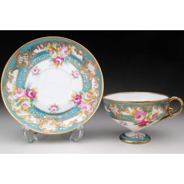 ノリタケ オールドノリタケ ブルー地金盛り薔薇絵 カップ＆ソーサー (a