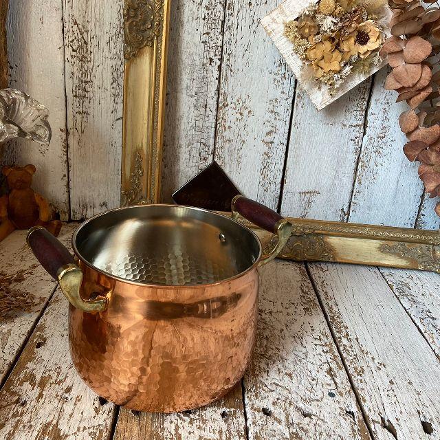 ヴィンテージ 未使用*Solid Copper*槌目 両手鍋 20cm*ウッド 木の