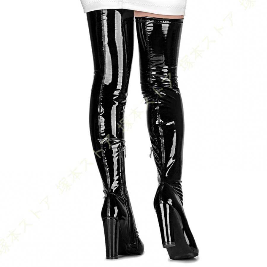 ニーハイブーツ エナメル ブーツ ハイヒール ブロックヒール