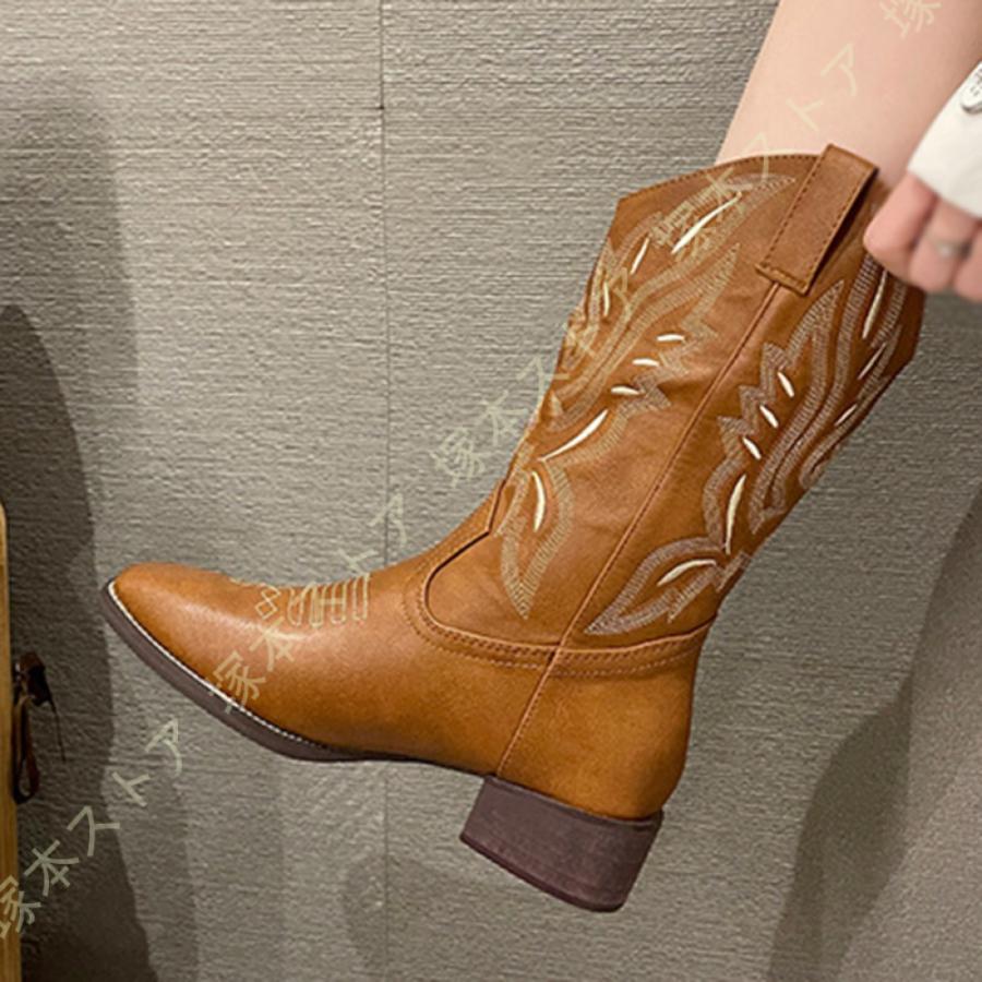 ショートブーツ レディース ウェスタンブーツ 無地 ローヒール