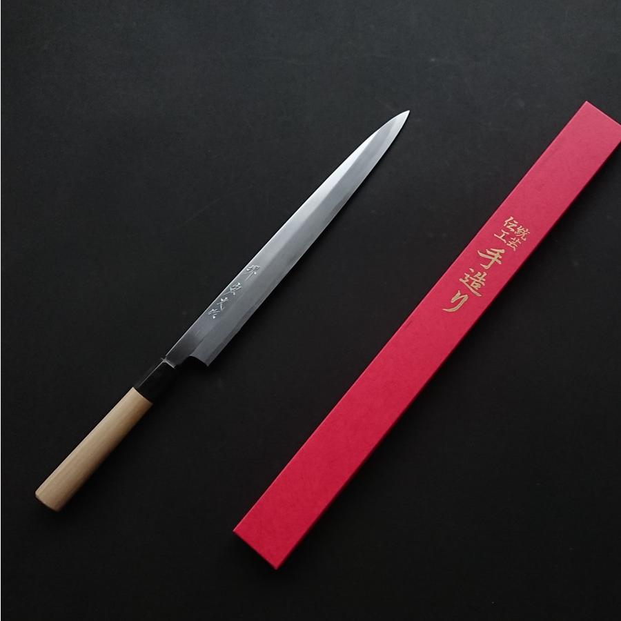 堺宏之作 白鋼 霞仕上げ 水牛桂柄 柳刃包丁 300mm(1尺)（刺身包丁