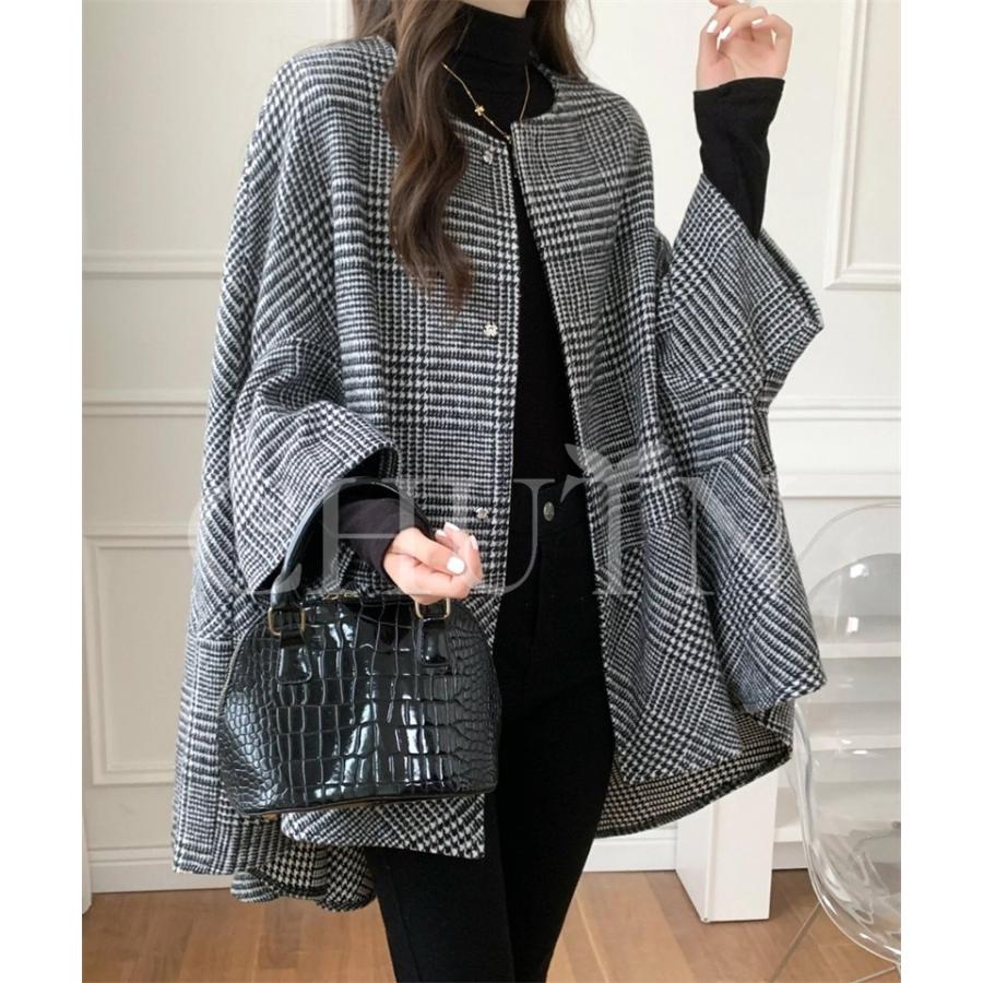 春ポンチョコート レディース ケープコート 秋 冬 アウター チェック柄