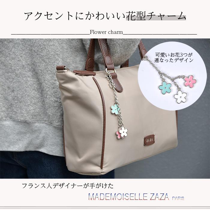 ZAZA ツイルナイロン花チャーム2wayハンドバッグ 手提げバッグ