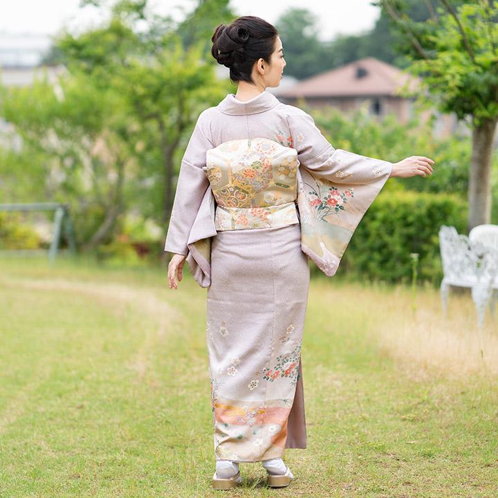 レンタル フルセット 高級正絹 訪問着 HO-MA602 紅藤色 流水に椿 結婚