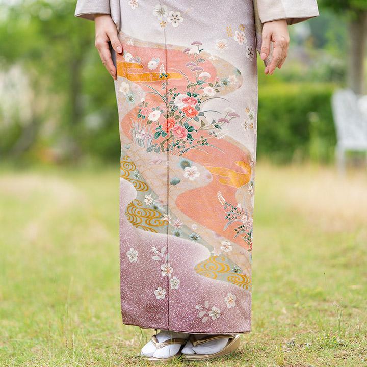 レンタル フルセット 高級正絹 訪問着 HO-MA602 紅藤色 流水に椿 結婚