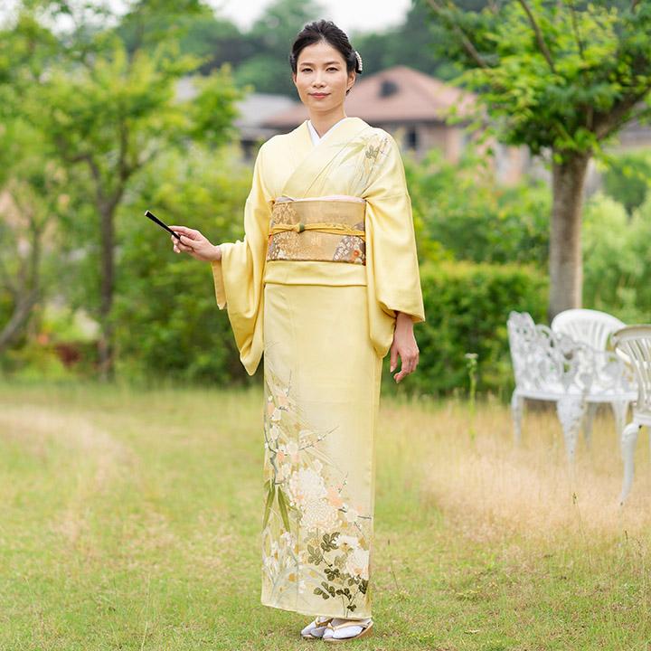 レンタル フルセット 高級正絹 訪問着 HO-MI088 淡黄色 菊・梅・笹