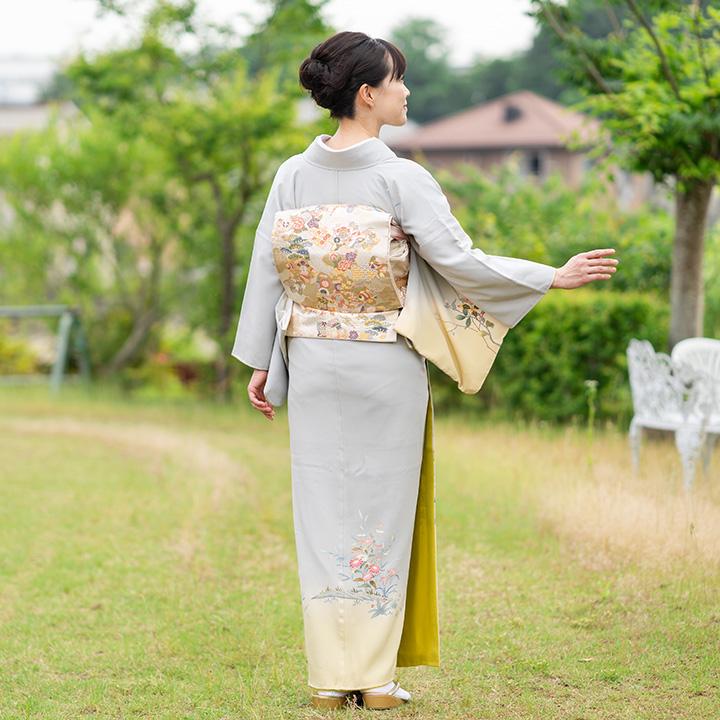 レンタル フルセット 高級正絹 訪問着 HO-FU304 霞色・若草色 椿と菊