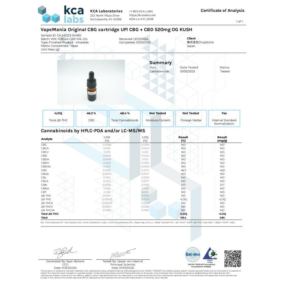 CBG CBN カートリッジ 高濃度 1ml VapeMania 1本 CBG42％420mg CBN10