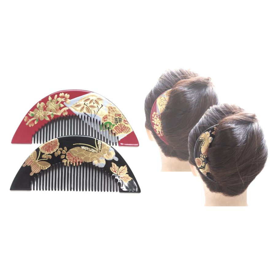 限定品】蒔絵柄櫛 手書き 和柄 髪飾り 半円 巾広 ヘアコーム 夜会巻き