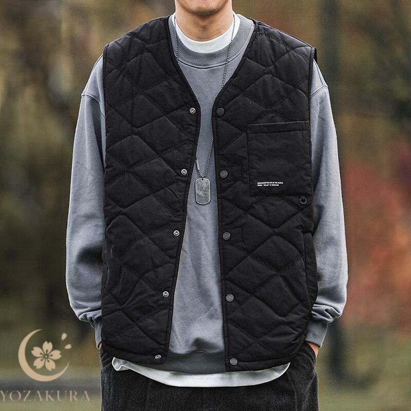 キルティングベスト メンズ 秋冬 アウター ノーカラー 重ね着