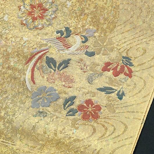 九寸 名古屋帯 正絹 引箔織 華文 鳥 未仕立て 西陣織工業組合 362 在庫