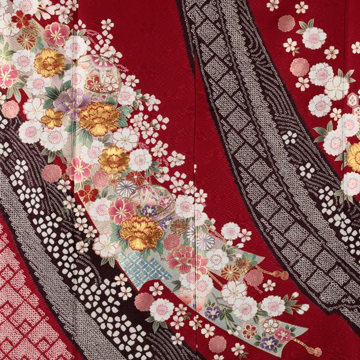 京都きもの友禅 振袖 中古 フルセット 成人式 Lサイズ 絞り 赤・ワイン