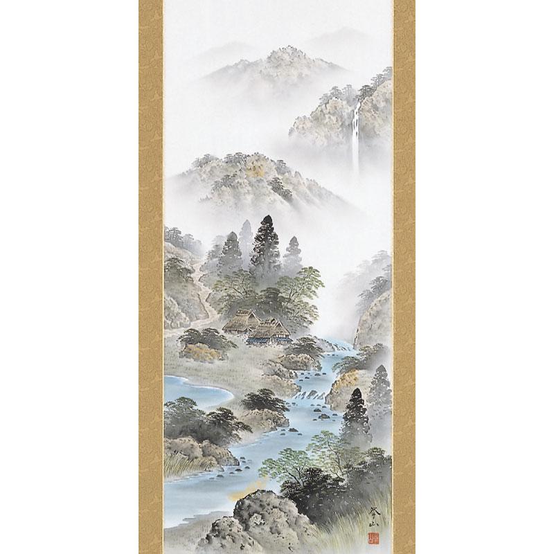 掛軸 (掛け軸) 四神相応山水図 木村挙山 尺五立 約横54.5×縦190cm