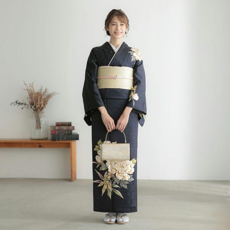 訪問着 レンタル 入学式 卒業式 結婚式 袷 紺 牡丹に笹 七五三 身長154