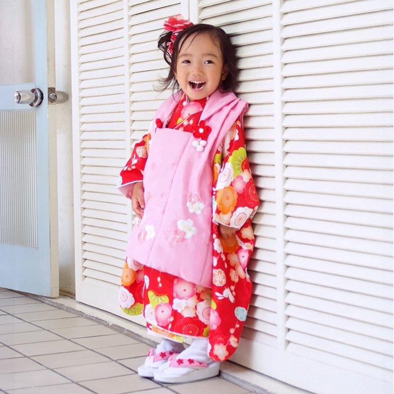 七五三 着物レンタル 3歳 753 女の子 フルセット 被布 ピンク×赤 梅と