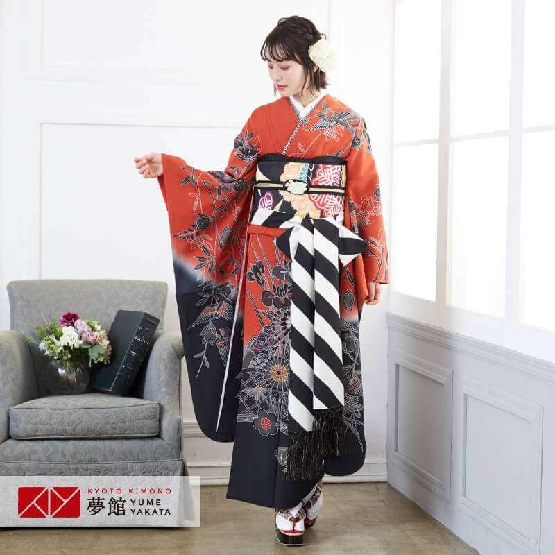 振袖 レンタル 成人式 結婚式 赤×黒 紅型 四季花鳥苑(絹)(宅) 一点物