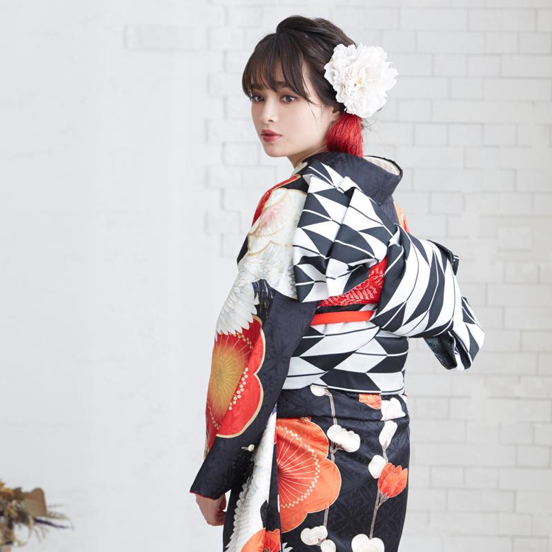 振袖 レンタル 成人式 結婚式 黒 梅に鶴(絹)(R1921)12月〜1月利用 対応