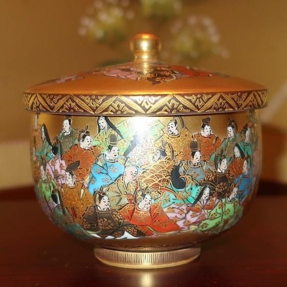 九谷焼 茶道具 蓋付茶碗 百人一首（細字入り）中田錦峰，橋田無聖作