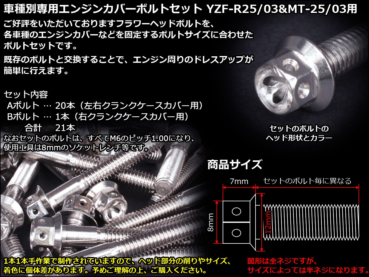 ヤマハ発動機 YZF-R25 YZF-R3 MT-25 MT-03 エンジンカバー ボルト21本