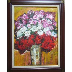 絵画 油絵 田村隆枝 肉筆油絵 静物画 バラと薔薇 F8送料無料 : アート