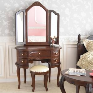 ロココ調 ドレッサー 三面鏡 イス付き 白家具 アンティーク エレガント