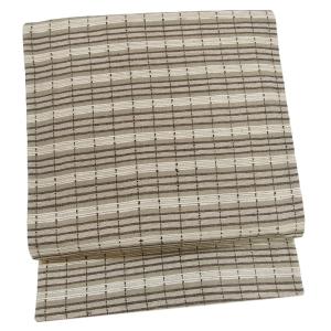 袋帯 正絹 野蚕シルク 紬 手紡ぎ 生成り ライトベージュ 横段 格子柄