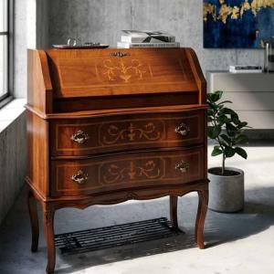 イタリア デスク ライティング ビューロー 3段 茶 象嵌 丸脚 完成品