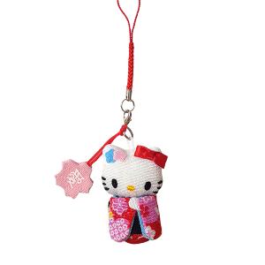 ハローキティ はろうきてぃ日本人形 ちりめん根付け ピンク（鼓